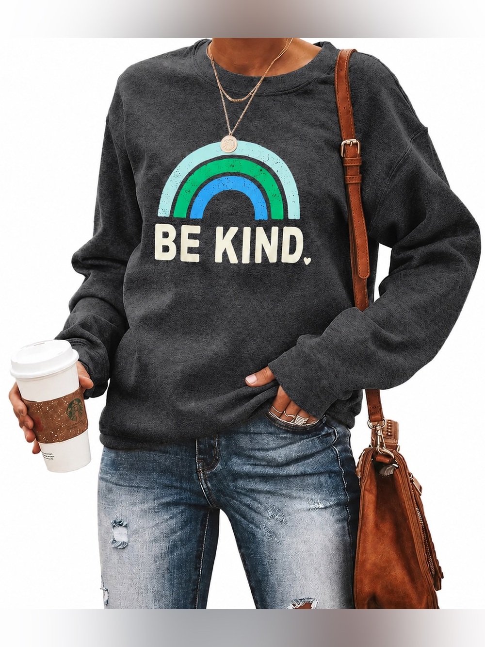 IRISGOD Be Kind Rainbow Graphic Long Sleeve Tee Gray Size Medium